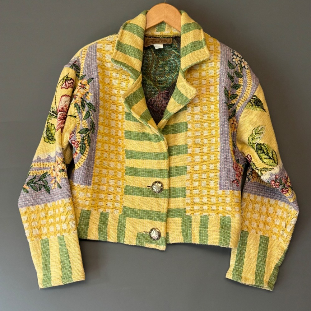 Painted Pony Floral Roses Tapestry Cropped Jacket Size Small USA Yellow Green